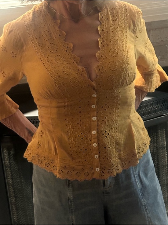 Free People Tops - Free People Golden Yellow Eyelet Button-Front Peplum Blouse